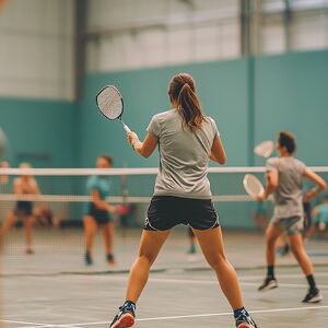 Mehrere Personen spielen Badminton in einer Sporthalle. Zeichen für Teamgeist und gemeinsame Aktivität.