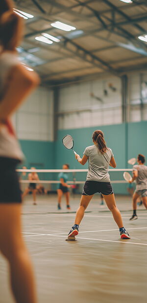 Mehrere Personen spielen Badminton in einer Sporthalle. Zeichen für Teamgeist und gemeinsame Aktivität.